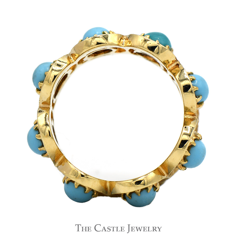 Oval Cabochon Turquoise Eternity Band with Brushed Detail in 14k Yellow Gold