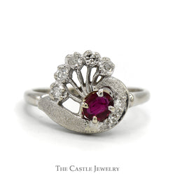 Vintage Style Round Ruby Ring with 1/4cttw Diamond Accented Spokes in 14k White Gold