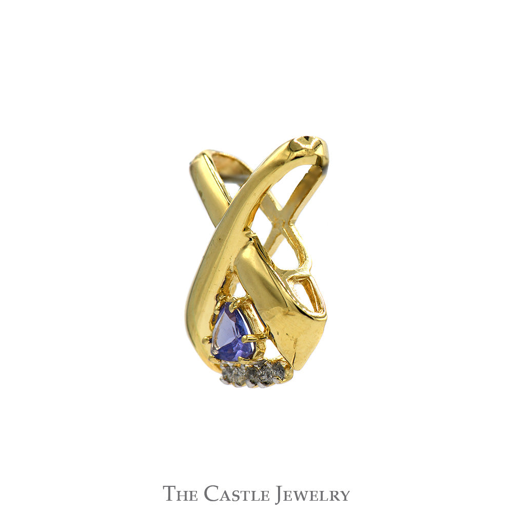 Trillion Cut Tanzanite Slide Pendant with Diamond Accented "X" Design in 14k Yellow Gold