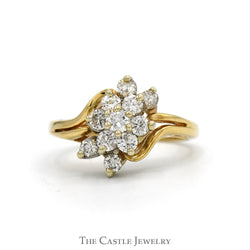 1/2cttw Flower Shaped Diamond Cluster Ring with Split Shank Sides in 14k Yellow Gold