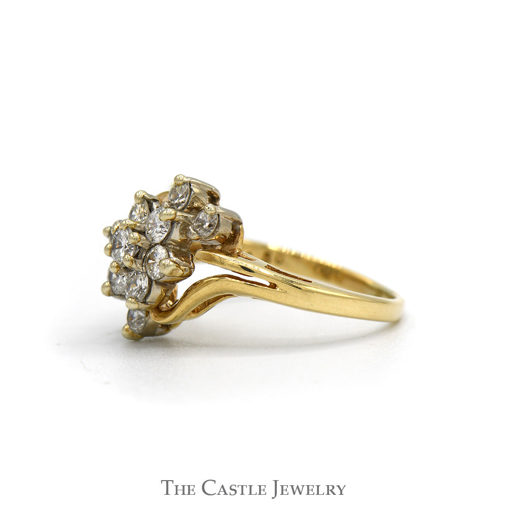 1/2cttw Flower Shaped Diamond Cluster Ring with Split Shank Sides in 14k Yellow Gold