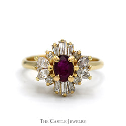 Oval Ruby Ring with Marquise & Baguette Cut Diamond Halo in 14k Yellow Gold