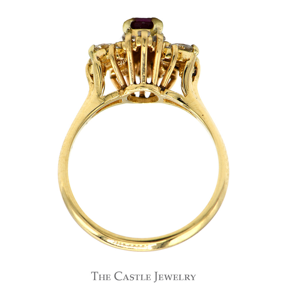 Oval Ruby Ring with Marquise & Baguette Cut Diamond Halo in 14k Yellow Gold