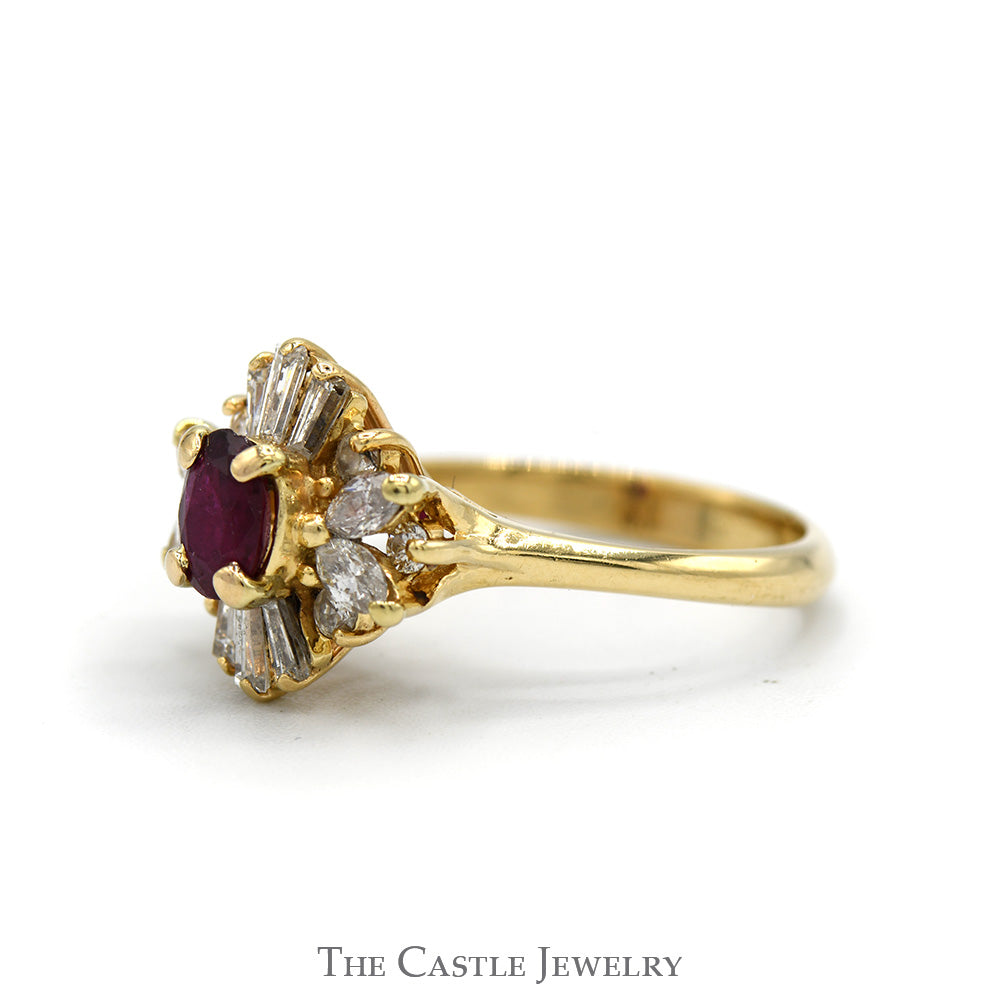 Oval Ruby Ring with Marquise & Baguette Cut Diamond Halo in 14k Yellow Gold