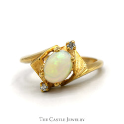 Oval Opal Ring with Double Diamond Accents in 14k Yellow Gold