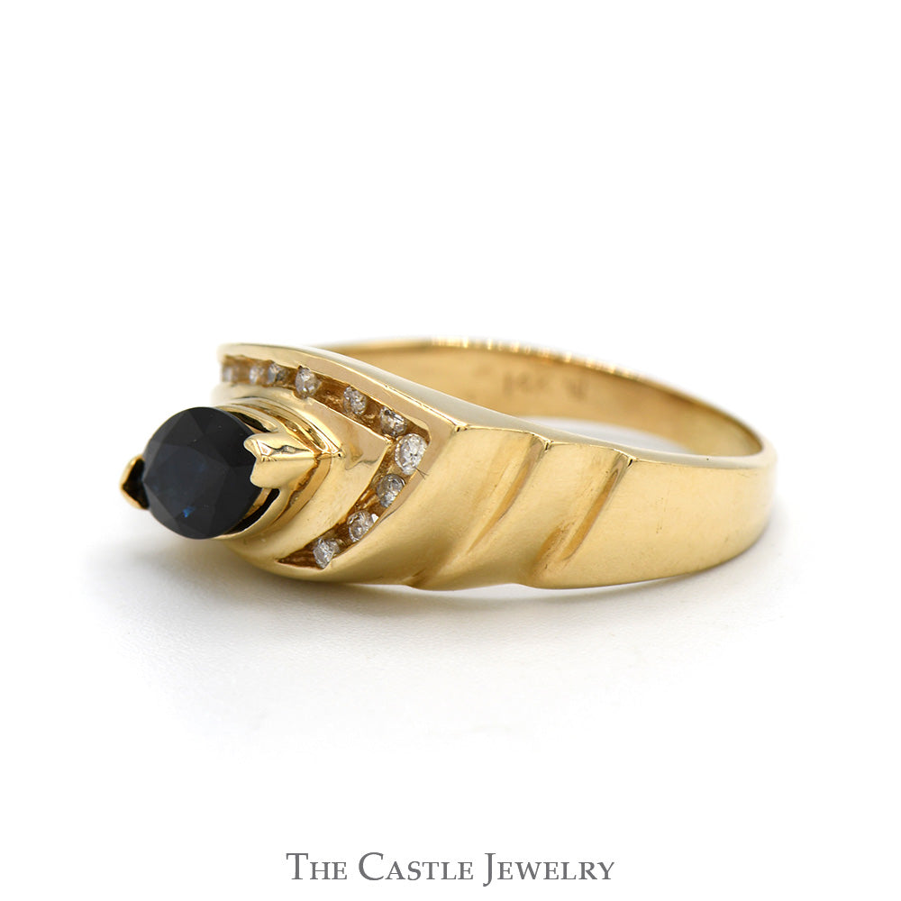 Side Set Marquise Cut Sapphire Ring with Diamond Accents in 14k Yellow Gold