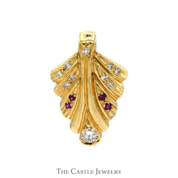 1/2cttw Diamond Leaf Pendant with Ruby Accents in 10k Yellow Gold