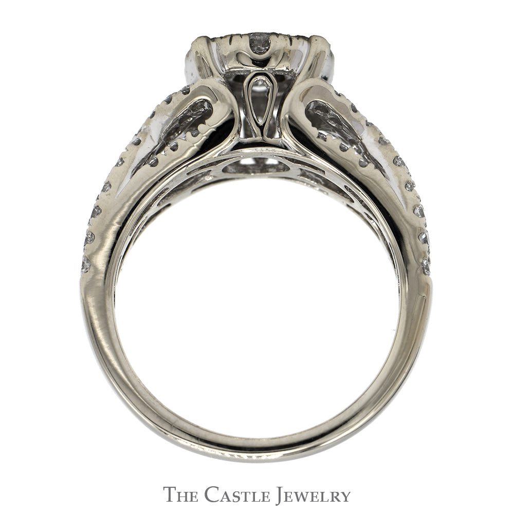 1cttw Round Diamond Cluster Engagement Ring with Diamond Accented Twisted Sides in 14k White Gold