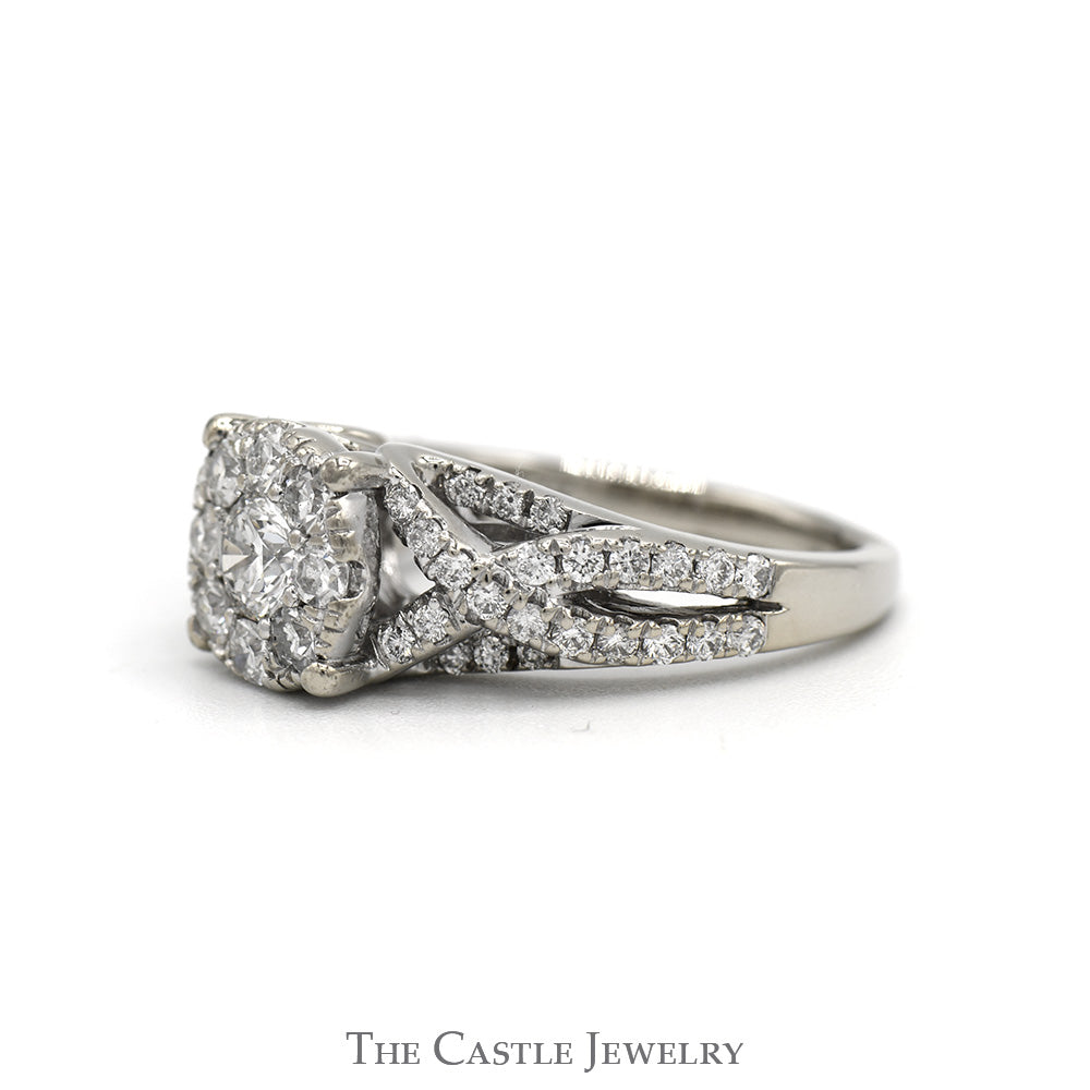 1cttw Round Diamond Cluster Engagement Ring with Diamond Accented Twisted Sides in 14k White Gold