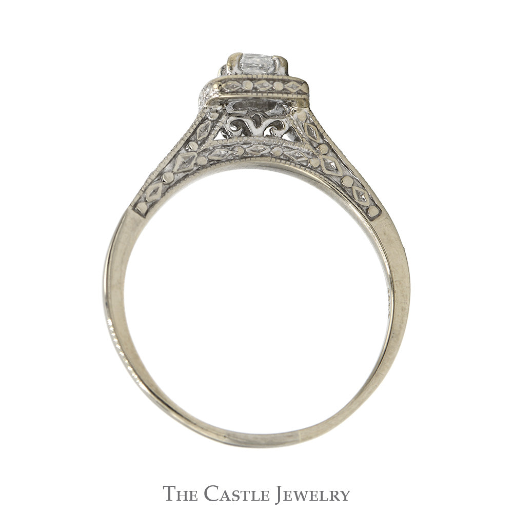 Princess Cut Diamond Bridal Set with Diamond Halo, Accented Sides and Matching Band in 14k White Gold