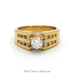 Round Diamond Solitaire Engagement Ring with Channel Set Diamond Sides in 14k Yellow Gold