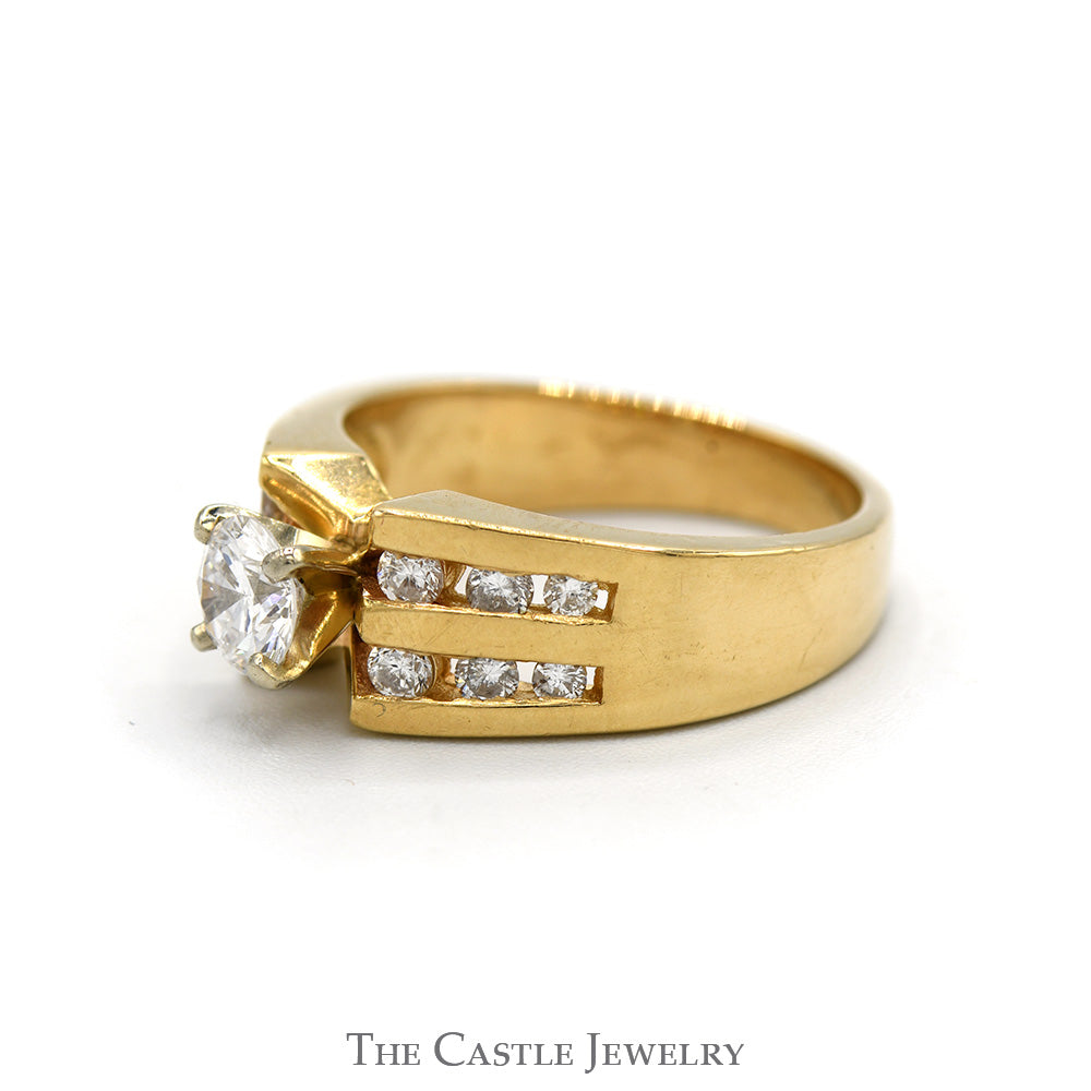 Round Diamond Solitaire Engagement Ring with Channel Set Diamond Sides in 14k Yellow Gold