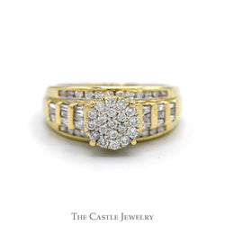 3/4cttw Round Diamond Cluster Ring with Baguette & Round Diamond Accented Sides in 10k Yellow Gold