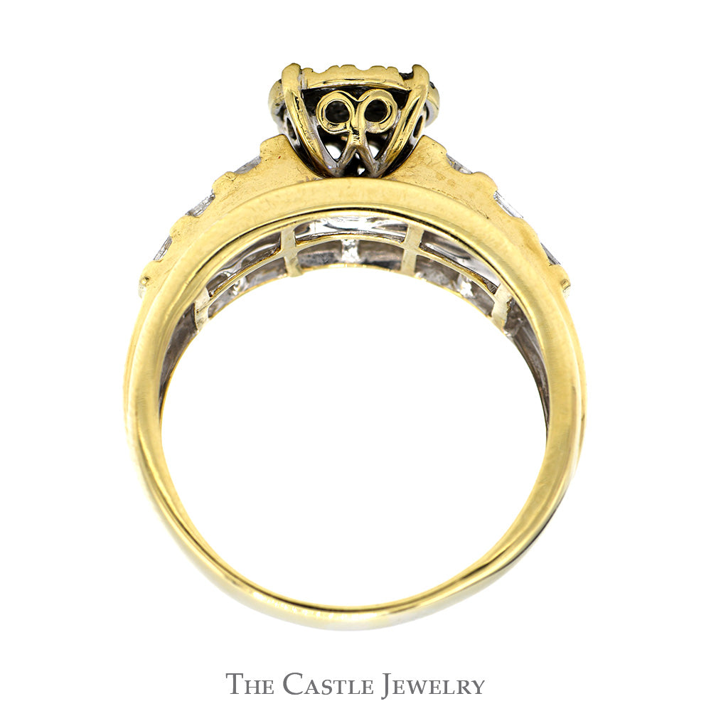 3/4cttw Round Diamond Cluster Ring with Baguette & Round Diamond Accented Sides in 10k Yellow Gold