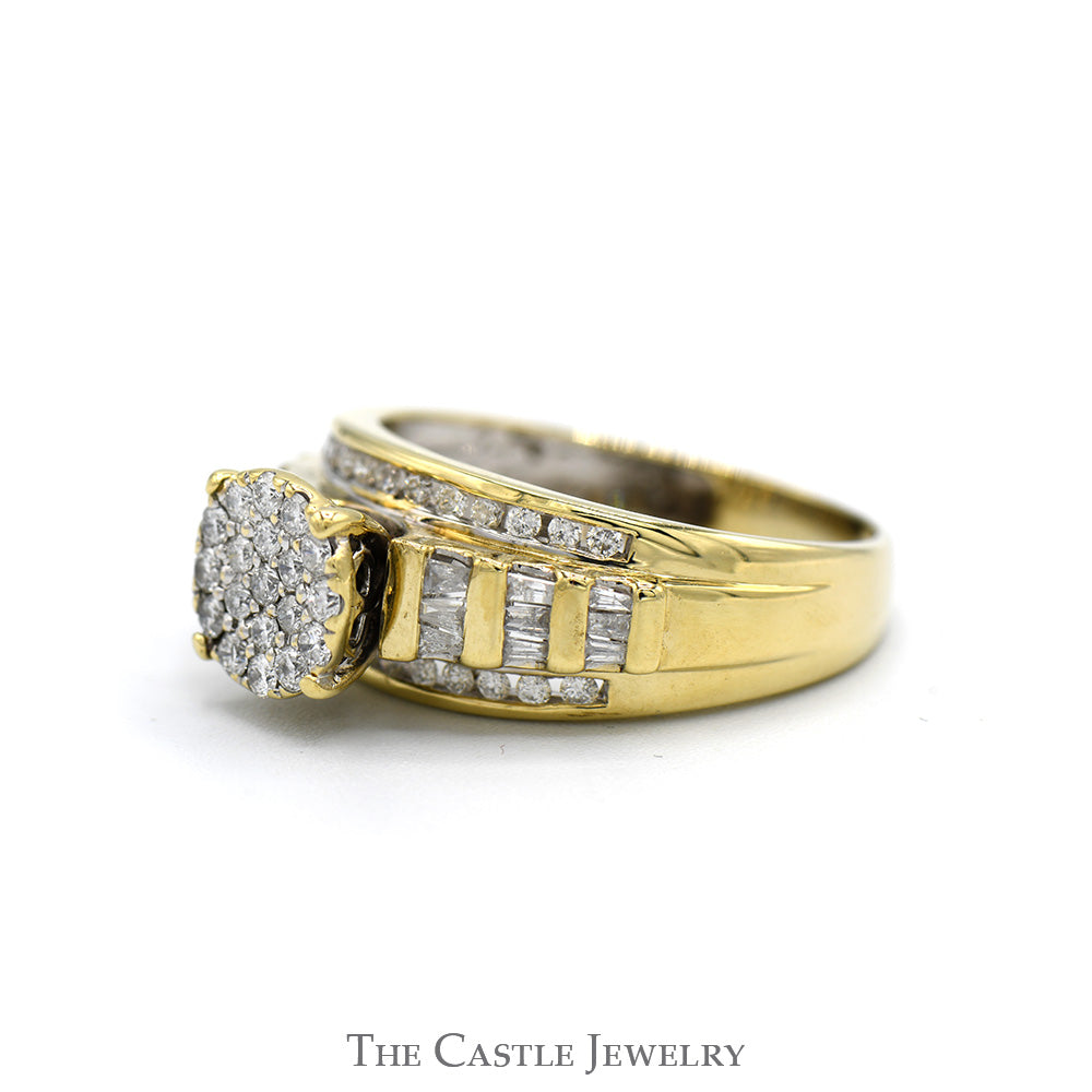 3/4cttw Round Diamond Cluster Ring with Baguette & Round Diamond Accented Sides in 10k Yellow Gold