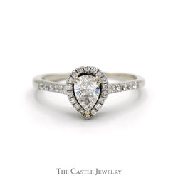 Pear Cut Diamond Engagement Ring with Diamond Halo & Accented Sides in 10k White Gold