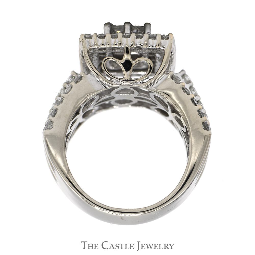 3cttw Invisiset Princess Cut Cluster Ring with Baguette Cut Double Diamond Halo and Accented Sides in 14k White Gold