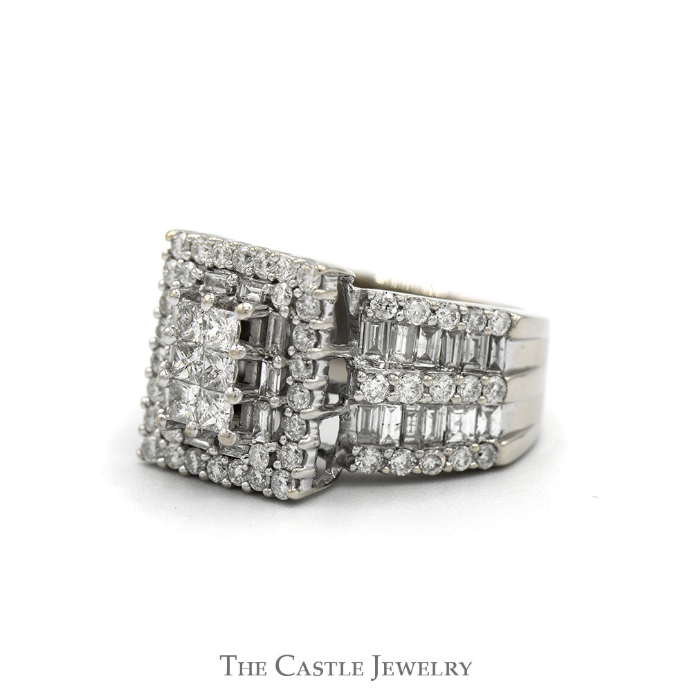 3cttw Invisiset Princess Cut Cluster Ring with Baguette Cut Double Diamond Halo and Accented Sides in 14k White Gold