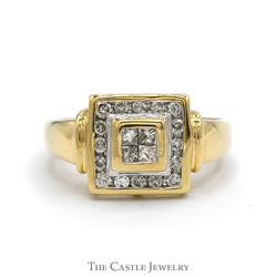 Square Shaped Invisi-set Princess Cut Diamond Cluster Ring with Round Diamond Halo in 14k Yellow Gold