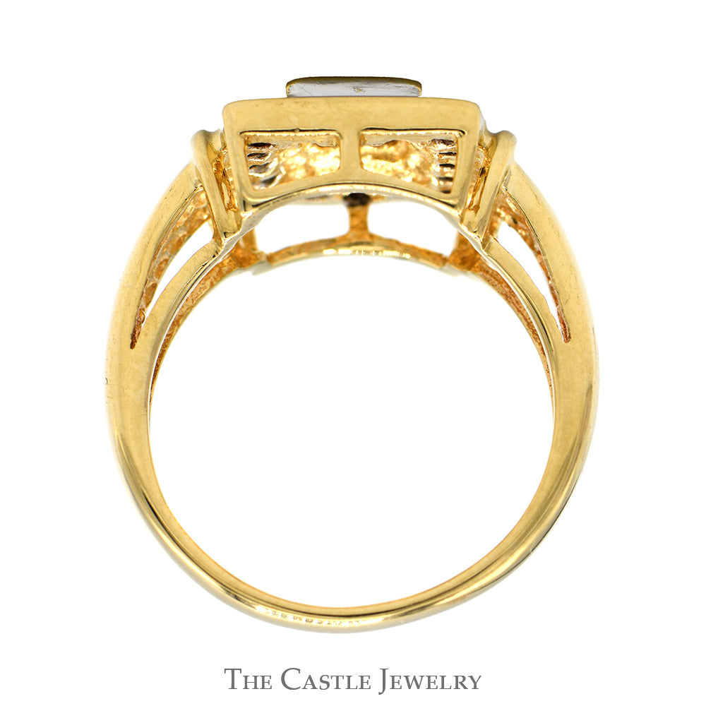 Square Shaped Invisi-set Princess Cut Diamond Cluster Ring with Round Diamond Halo in 14k Yellow Gold