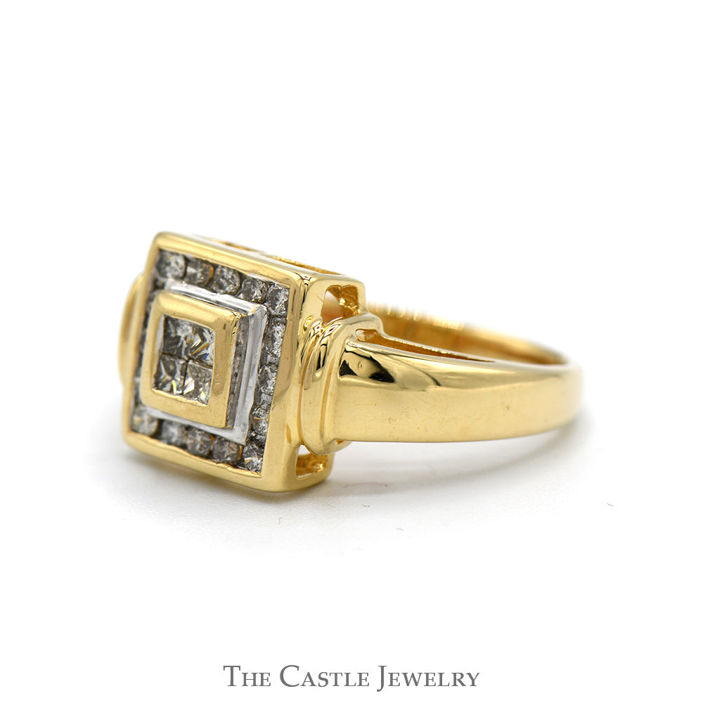 Square Shaped Invisi-set Princess Cut Diamond Cluster Ring with Round Diamond Halo in 14k Yellow Gold