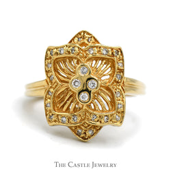 Flower Designed Shield Ring with Diamond Cluster & Accents in 14k Yellow Gold