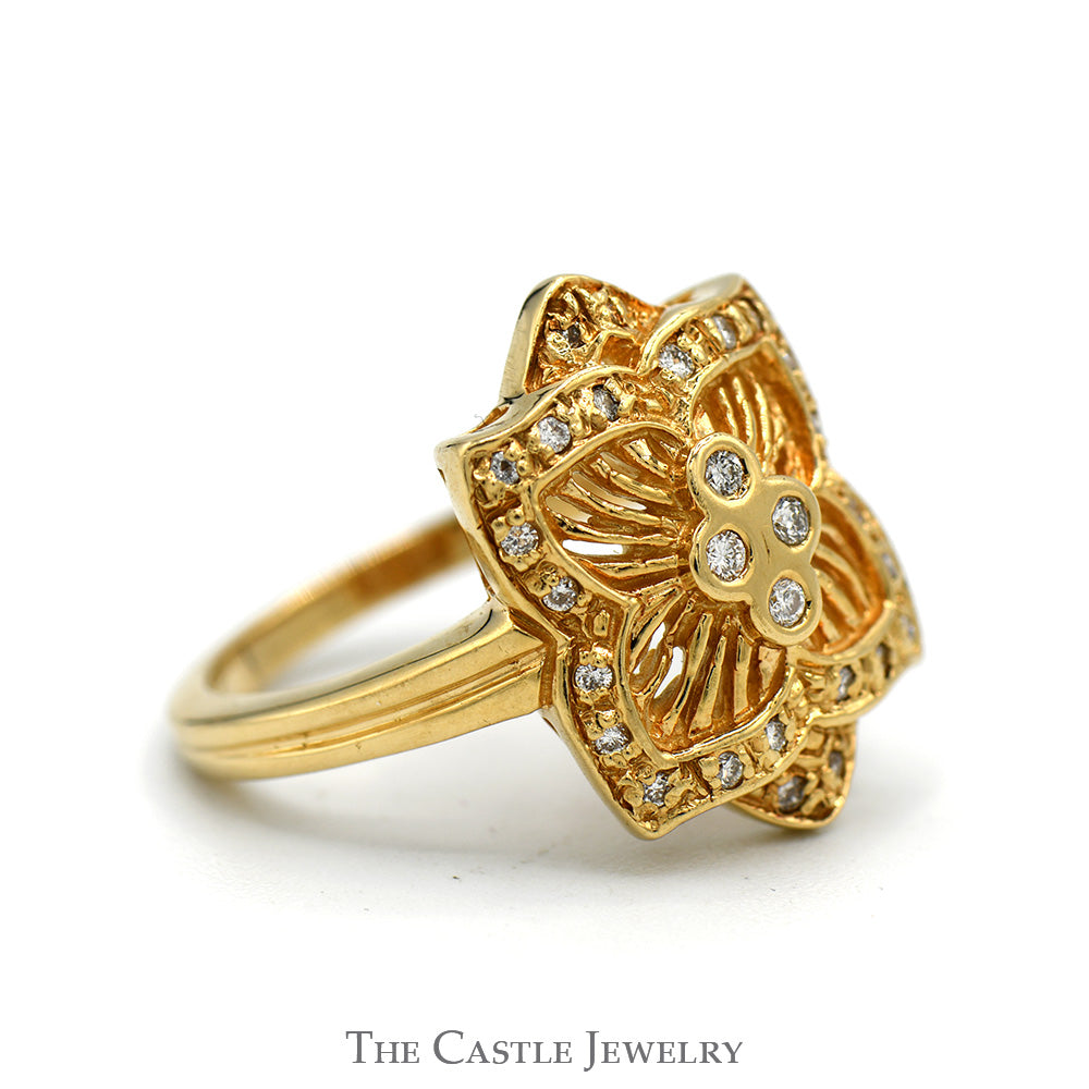 Flower Designed Shield Ring with Diamond Cluster & Accents in 14k Yellow Gold