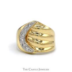 Diamond Accented Crescent Moon Ring with Ridged Design in 14k Yellow Gold