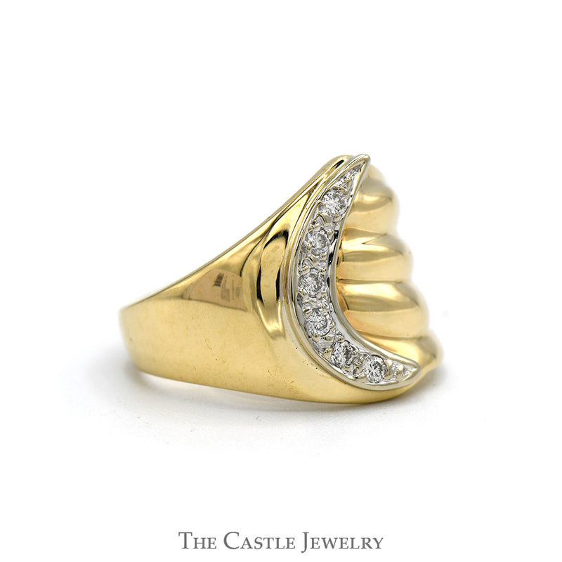 Diamond Accented Crescent Moon Ring with Ridged Design in 14k Yellow Gold