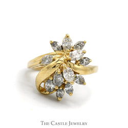 Starburst Marquise Cut Diamond Cluster Ring in 14k Yellow Gold