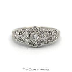 1/4cttw Flower Shaped Diamond Cluster Ring with Beaded Detail and Accented Sides in 10k White Gold