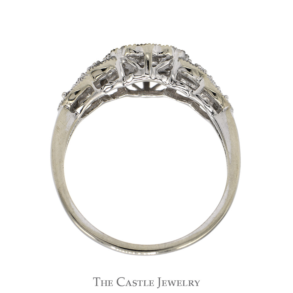 1/4cttw Flower Shaped Diamond Cluster Ring with Beaded Detail and Accented Sides in 10k White Gold