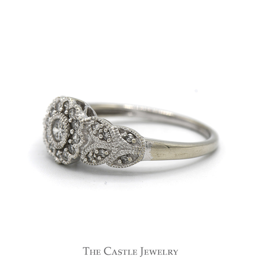 1/4cttw Flower Shaped Diamond Cluster Ring with Beaded Detail and Accented Sides in 10k White Gold