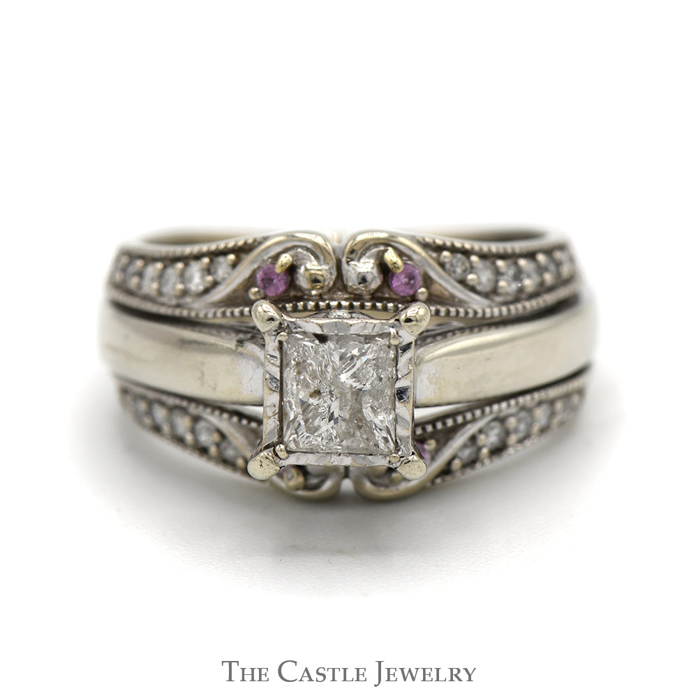 3/4cttw Princess Cut Diamond Bridal Set with Pink Sapphire and Diamond Accents and Double Matching Bands in 10k White Gold