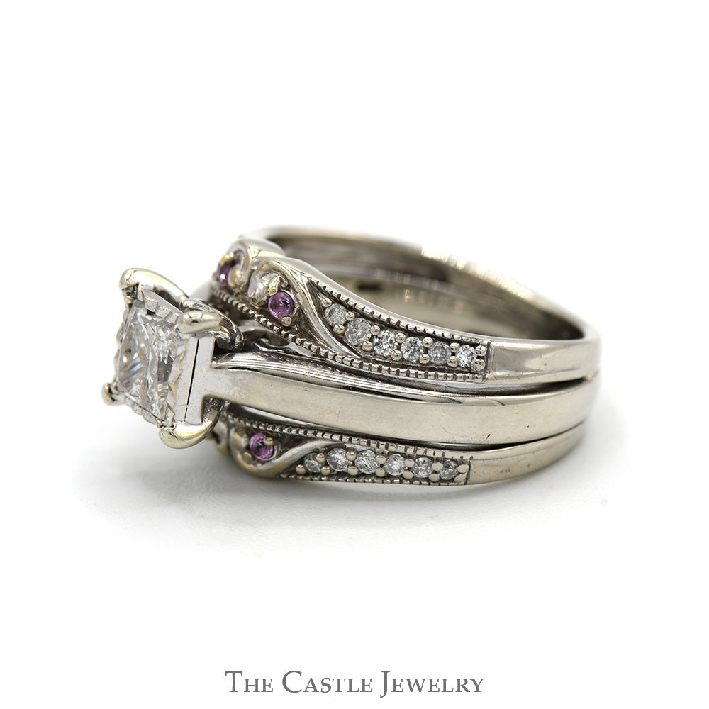 3/4cttw Princess Cut Diamond Bridal Set with Pink Sapphire and Diamond Accents and Double Matching Bands in 10k White Gold