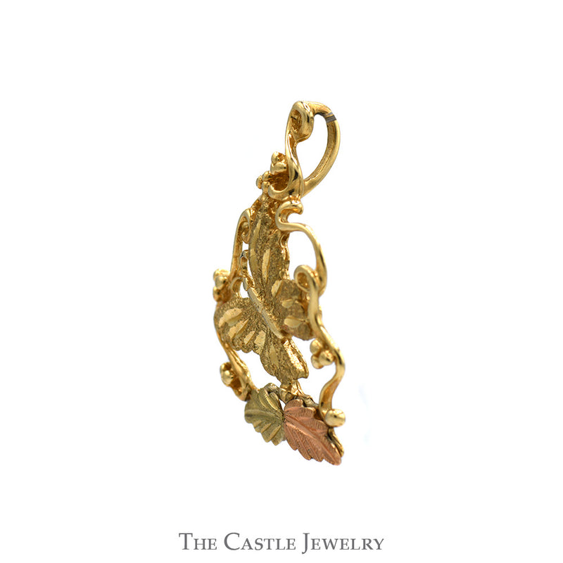 Two Tone Butterfly Pendant with Open Vine & Leaf Design in 10k Yellow & Rose Gold