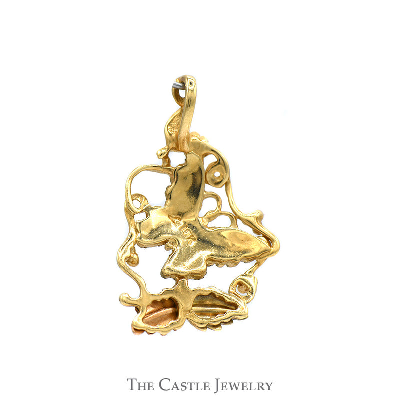 Two Tone Butterfly Pendant with Open Vine & Leaf Design in 10k Yellow & Rose Gold