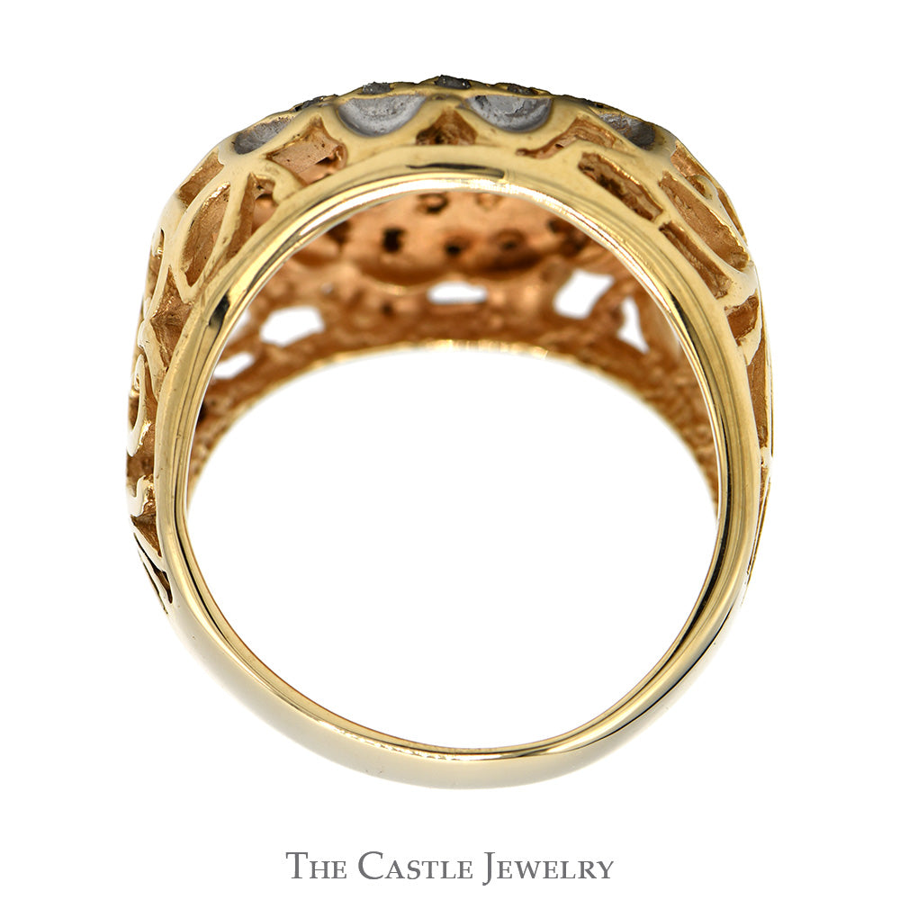 1cttw Kentucky Diamond Cluster Ring with Open Filigree Sides in 10k Yellow Gold