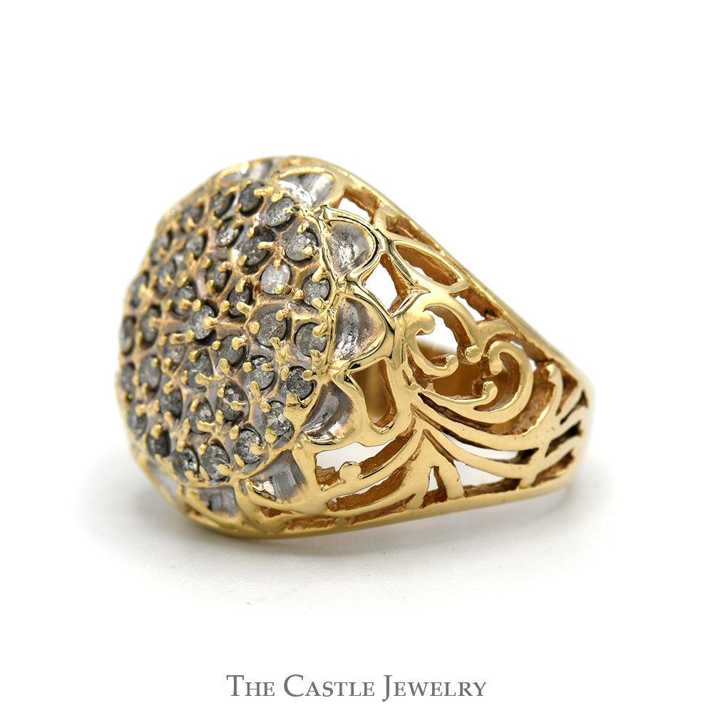 1cttw Kentucky Diamond Cluster Ring with Open Filigree Sides in 10k Yellow Gold