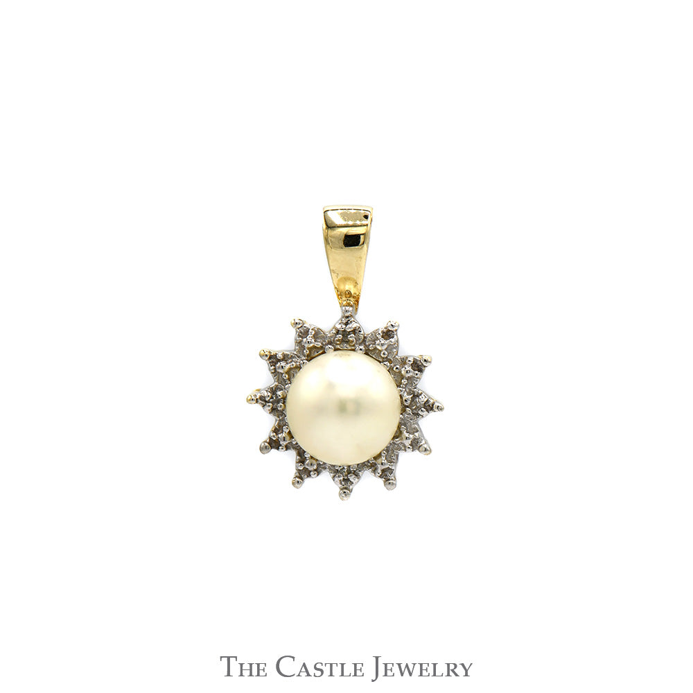 Round White Pearl Pendant with Illusion Set Diamond Halo in 10k Yellow Gold
