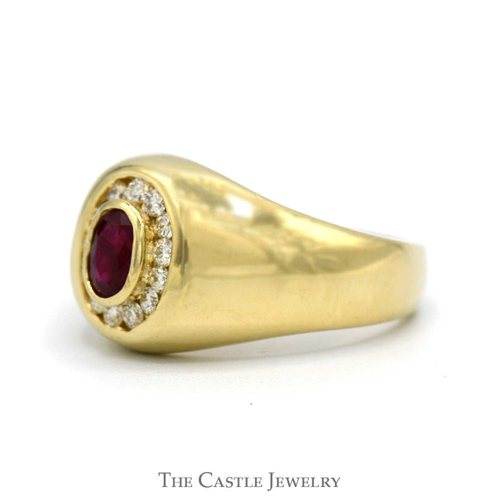 Men's Oval Cut Ruby Ring with Channel Set Diamond Bezel in 14k Yellow Gold