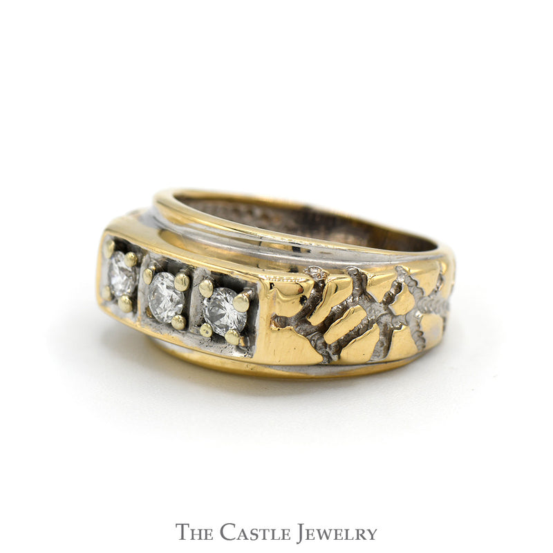 Three Stone Diamond Ring with Nugget Designed Sides in 14k Yellow Gold