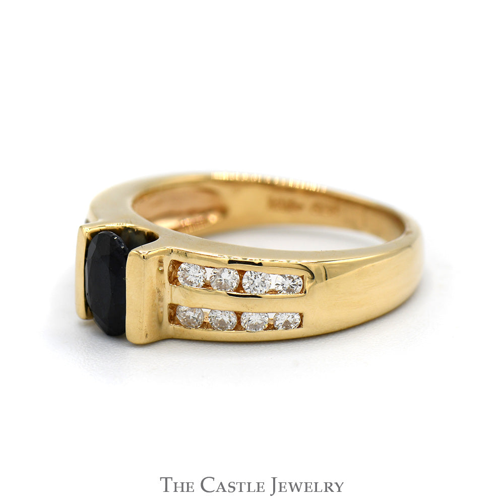 Oval Sapphire Ring with Double Row of Channel Set Diamond Accents in 14k Yellow Gold