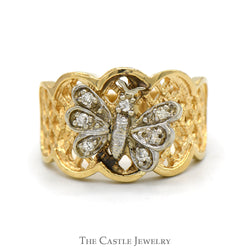 Butterfly Designed Ring with Diamond Accents and Open Lattice Sides in 14k Yellow Gold