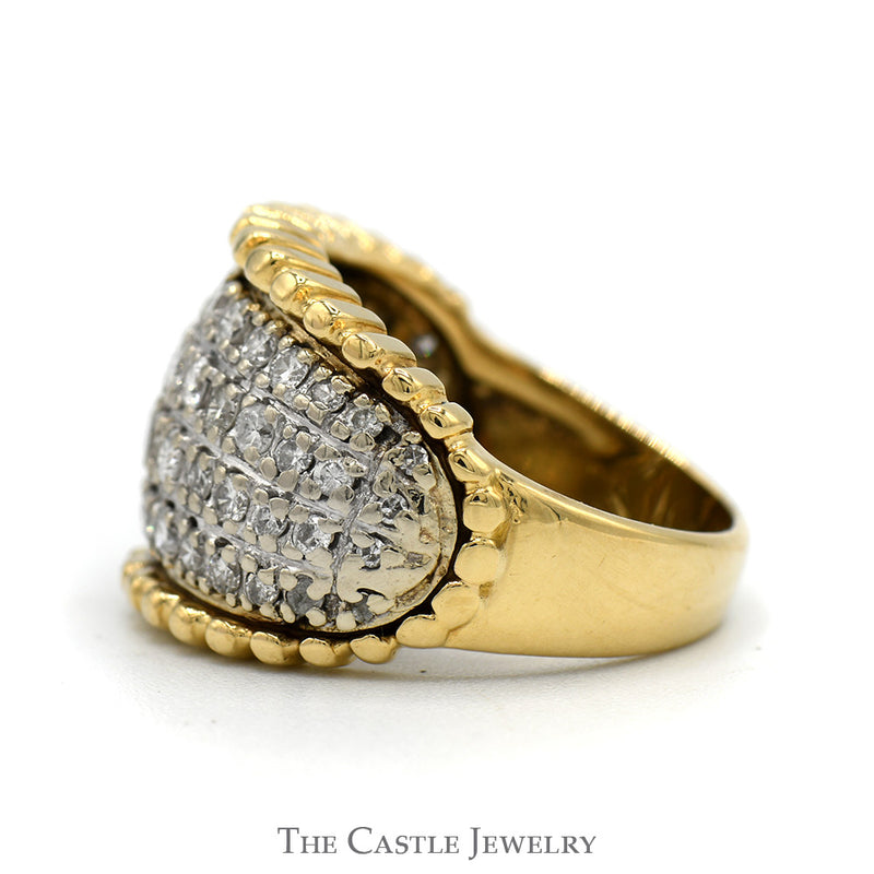 1cttw 4 Row Diamond Cluster Ring with Beaded Edges in 14k Yellow Gold