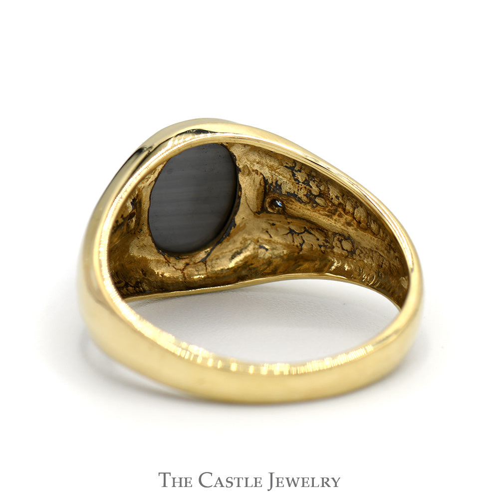 Oval Cabochon Grey Tiger's Eye Ring with Diamond Accented Sides in 10k Yellow Gold