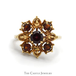Ornate 5 Round Garnet Cluster Ring in 14k Yellow Gold