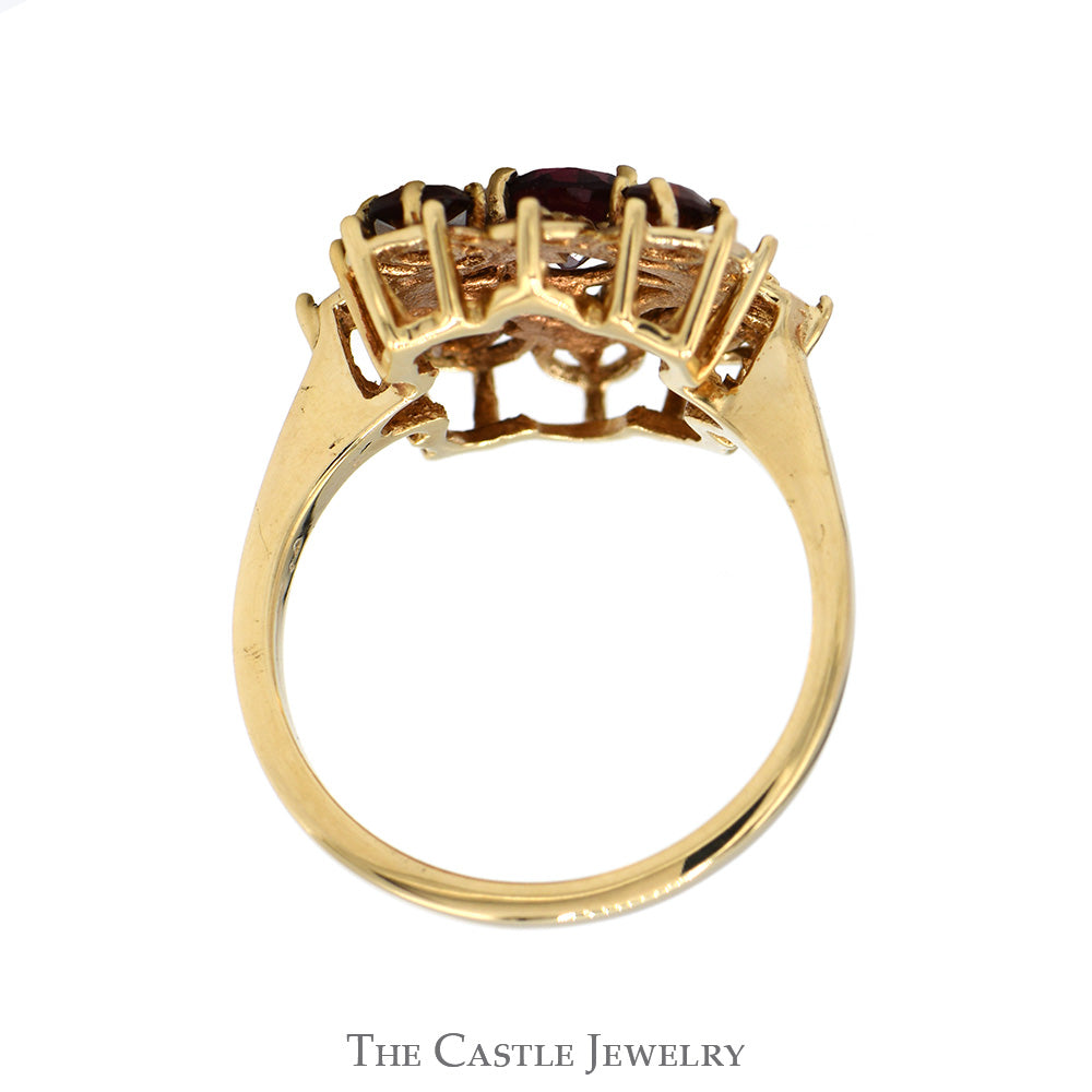 Ornate 5 Round Garnet Cluster Ring in 14k Yellow Gold