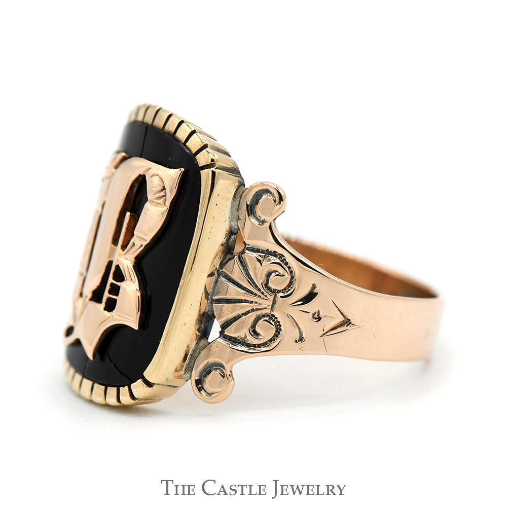 Black Onyx "B" Script Letter Ring with Scroll Designed Sides in 10k Rose Gold