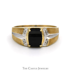 Rectangular Black Onyx Ring with Illusion Set Diamond Accents in 10k Yellow Gold
